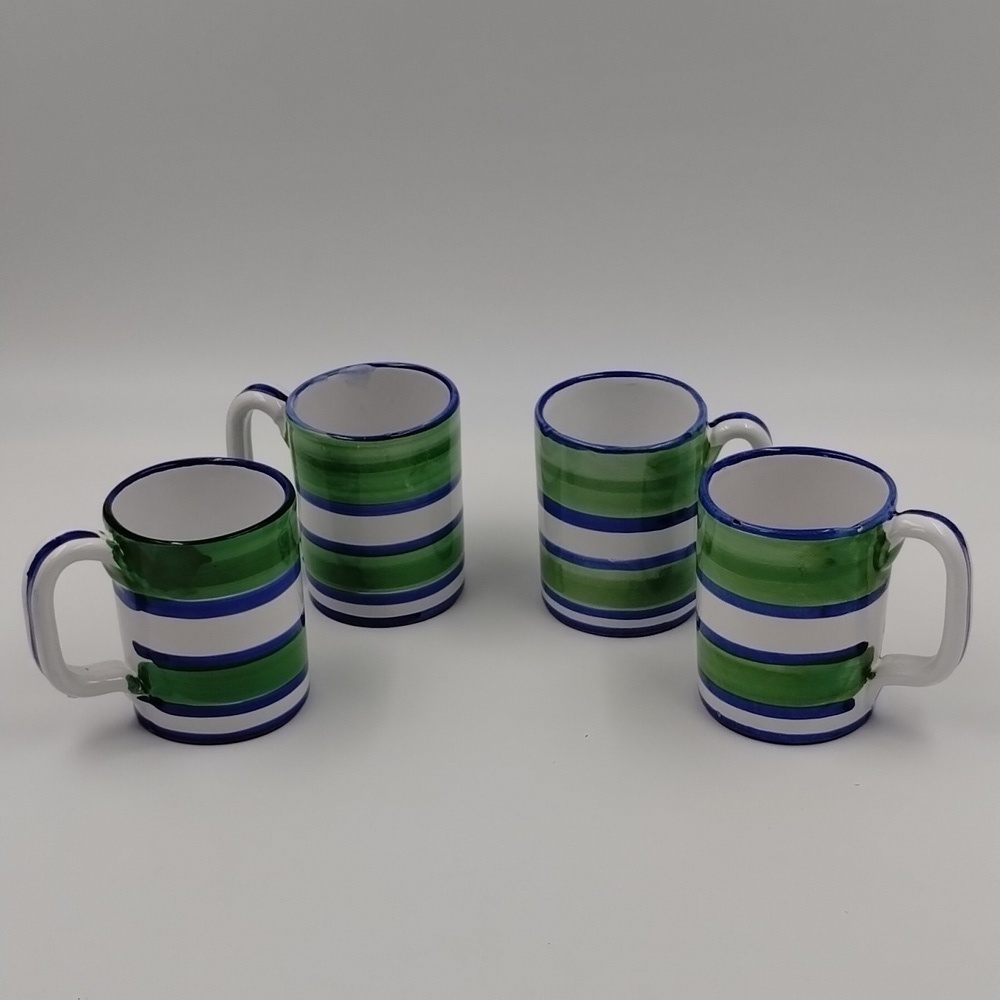 Italy Mugs Blue White Green Striped Mugs Set of 4